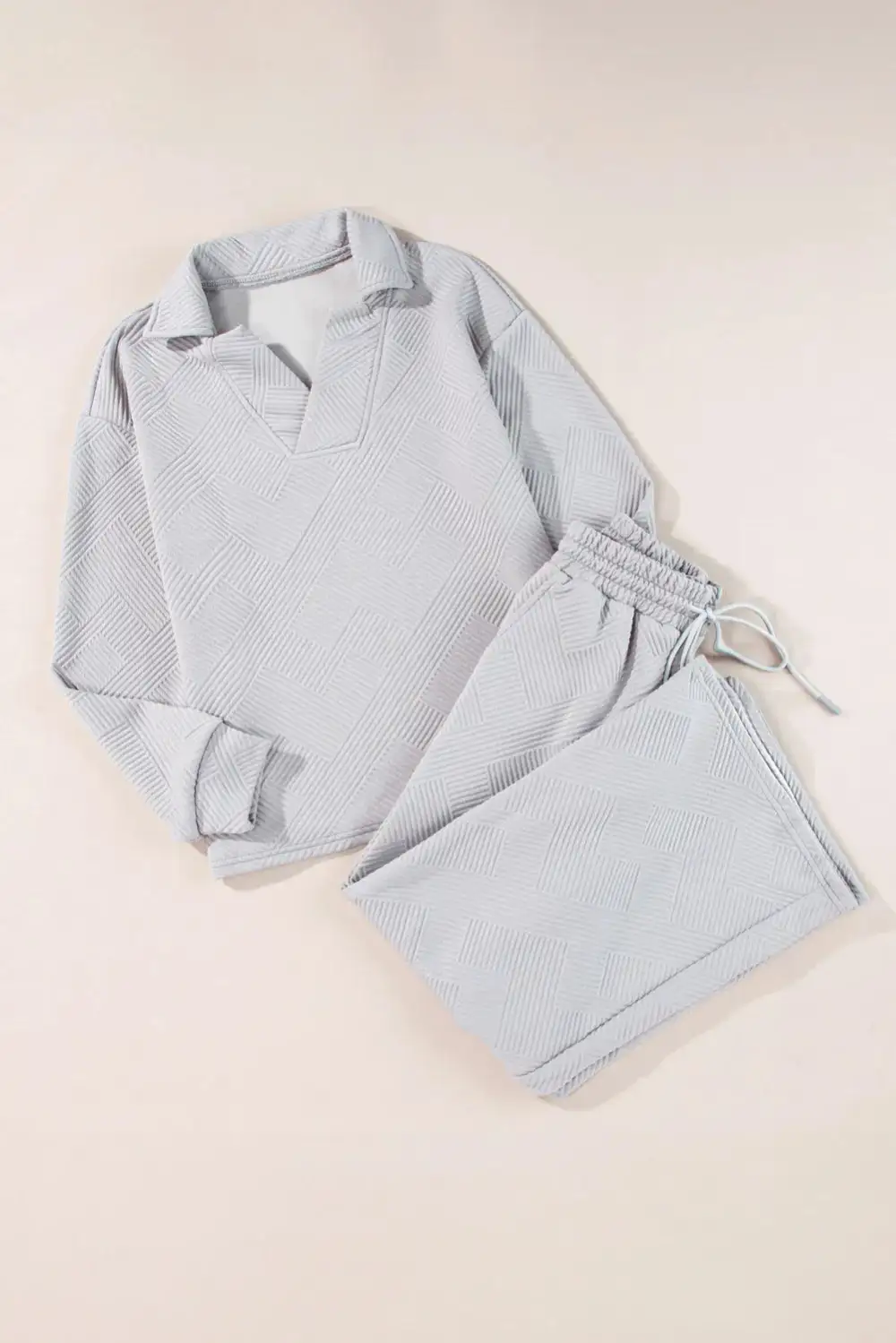 Textured Long Sleeve Top And Drawstring Pants Set