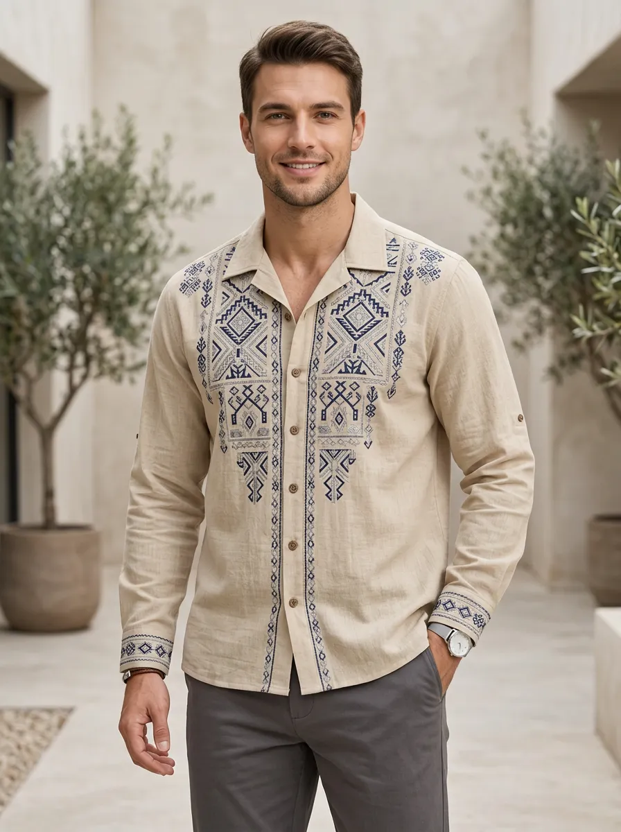 Men's Refined Tribal Boho Printed Long Sleeve Shirt