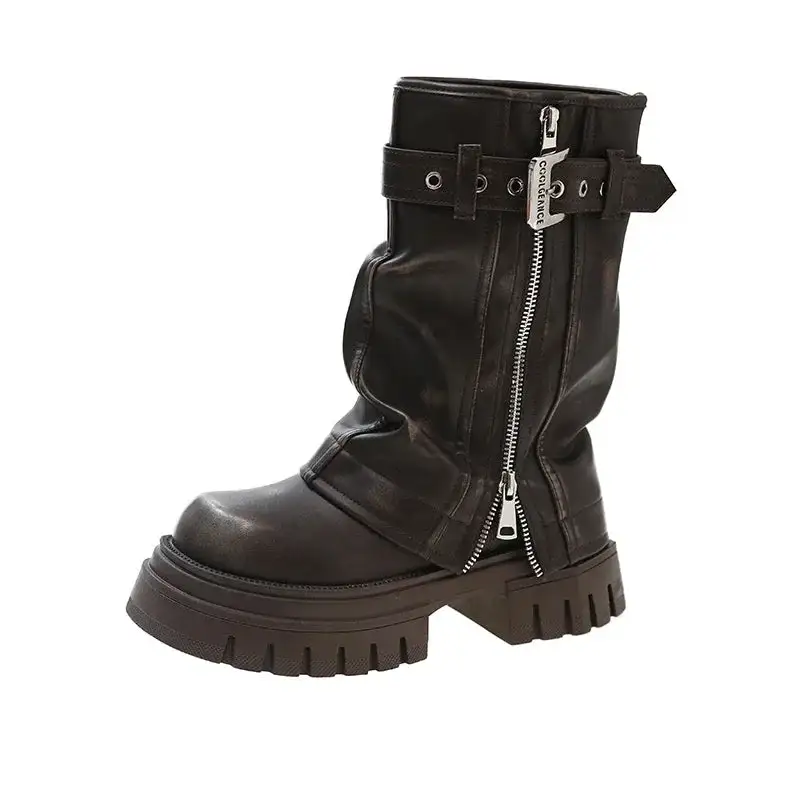Combat Buckle-Detail Square-Toe Knee-High Boots