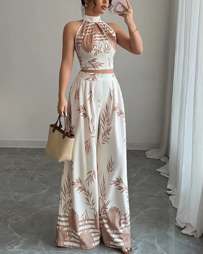 Botanical Halter Open-Back Wide Leg Two-Piece Set