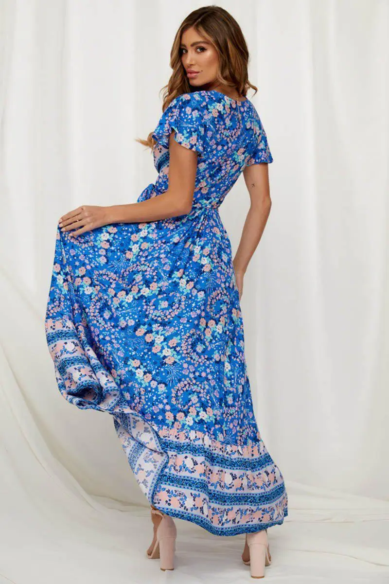 Short Sleeve Boho Floral High Split Maxi Dress