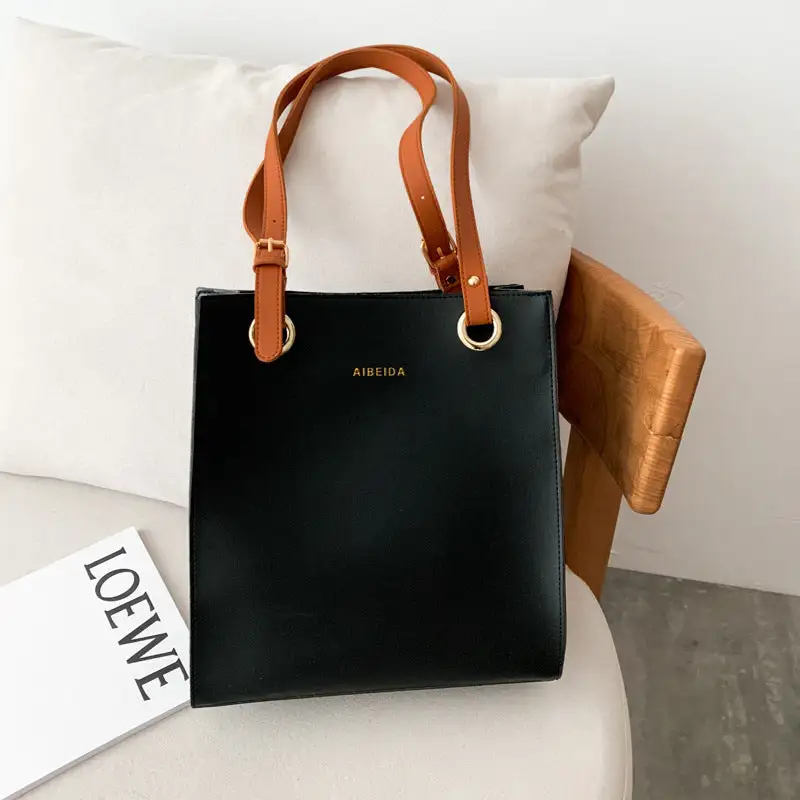 Durable PU Tote Bag Square Vertical Zipper Everyday