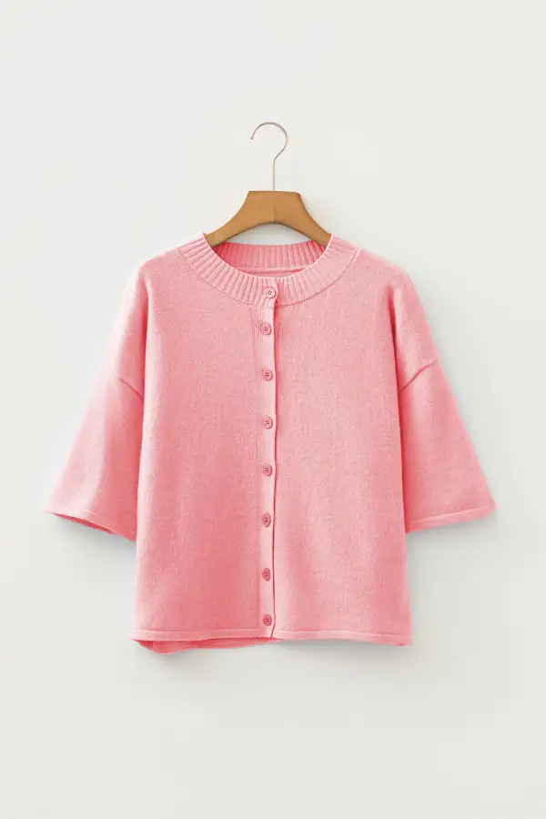 Three Quarter Sleeve Boxy Knit Button Front Cardigan