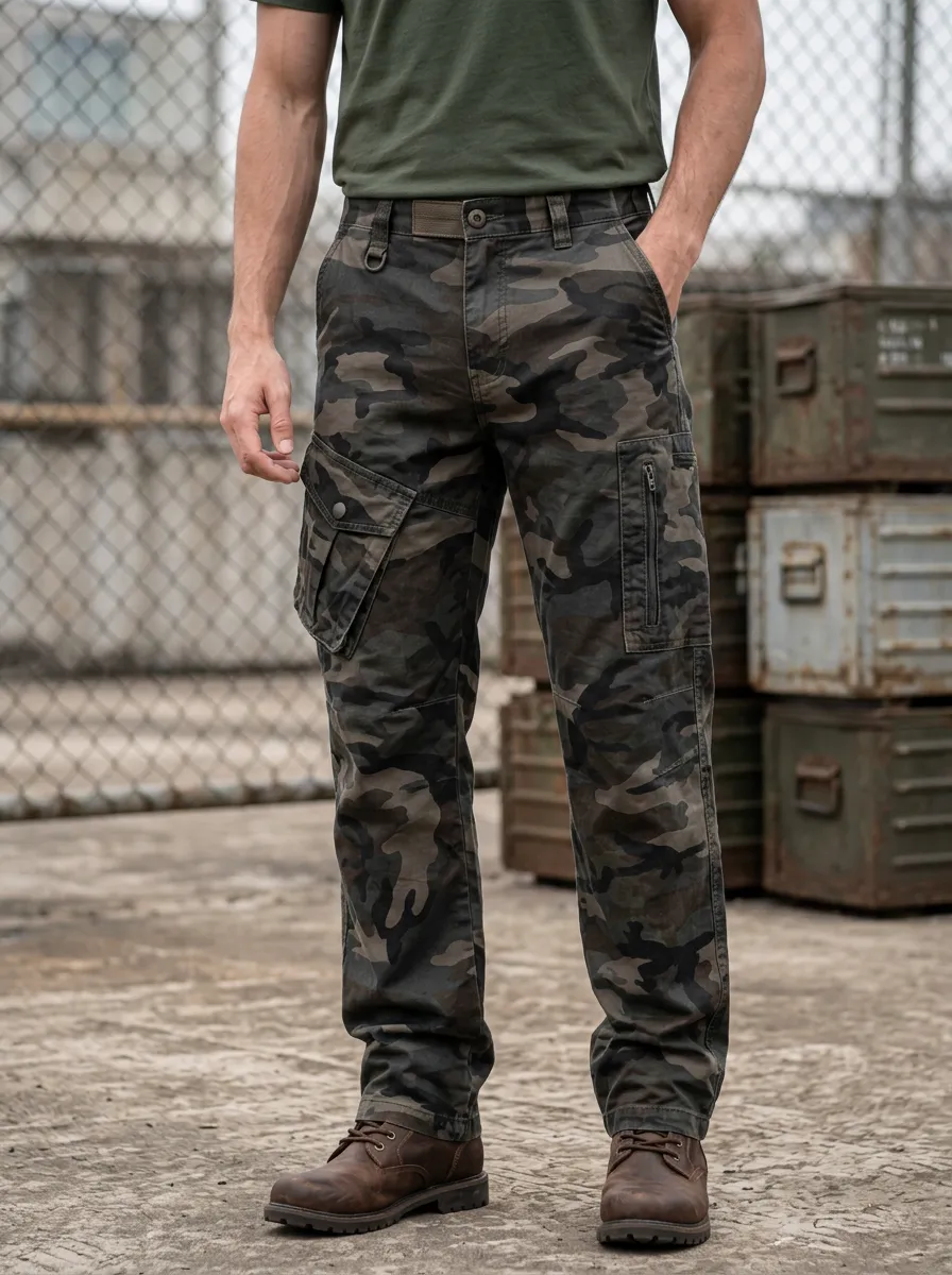 Men's Utility Desert Camo Multi-Pocket D-Ring Waist Cargo Pants