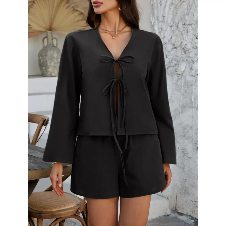 Double Tied V Neck Top and Shorts Set