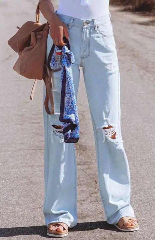 High Waist Wide Leg Ripped Denim Jeans