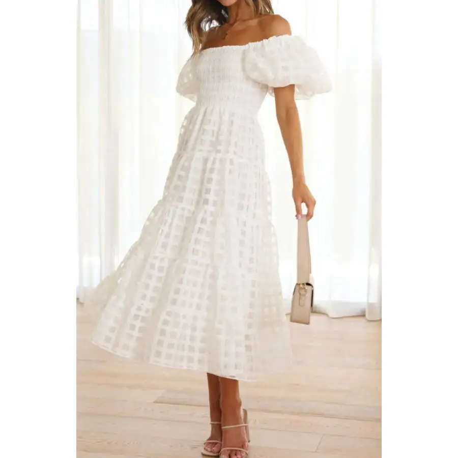 Off Shoulder Short Puff Sleeve Midi Dress