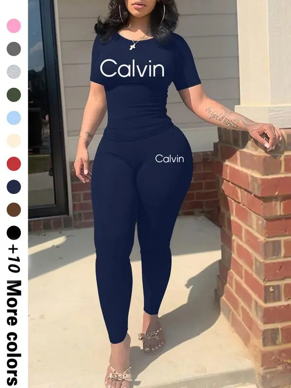 Calvin Letter Printing Women’s Casual Two-Piece Set Trendy Crop Top & Shorts | Lightweight Fabric | Effortless Summer Comfort