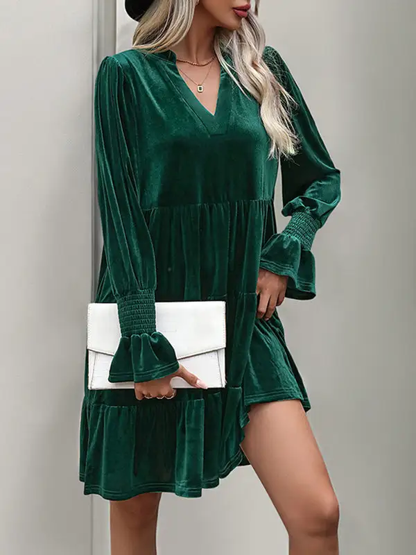 A Line Long Sleeve Pleated Solid Color Velvet V Neck Mini