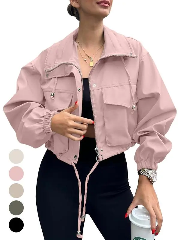 Women's Solid Zip Up Drawstring Hem Jacket, Casual Long Sleeve Collared Outerwear