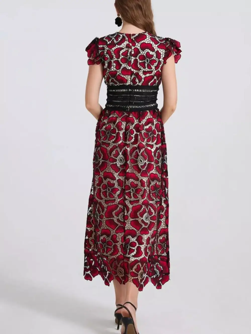 Printed V Neck Ruffle Midi Dress