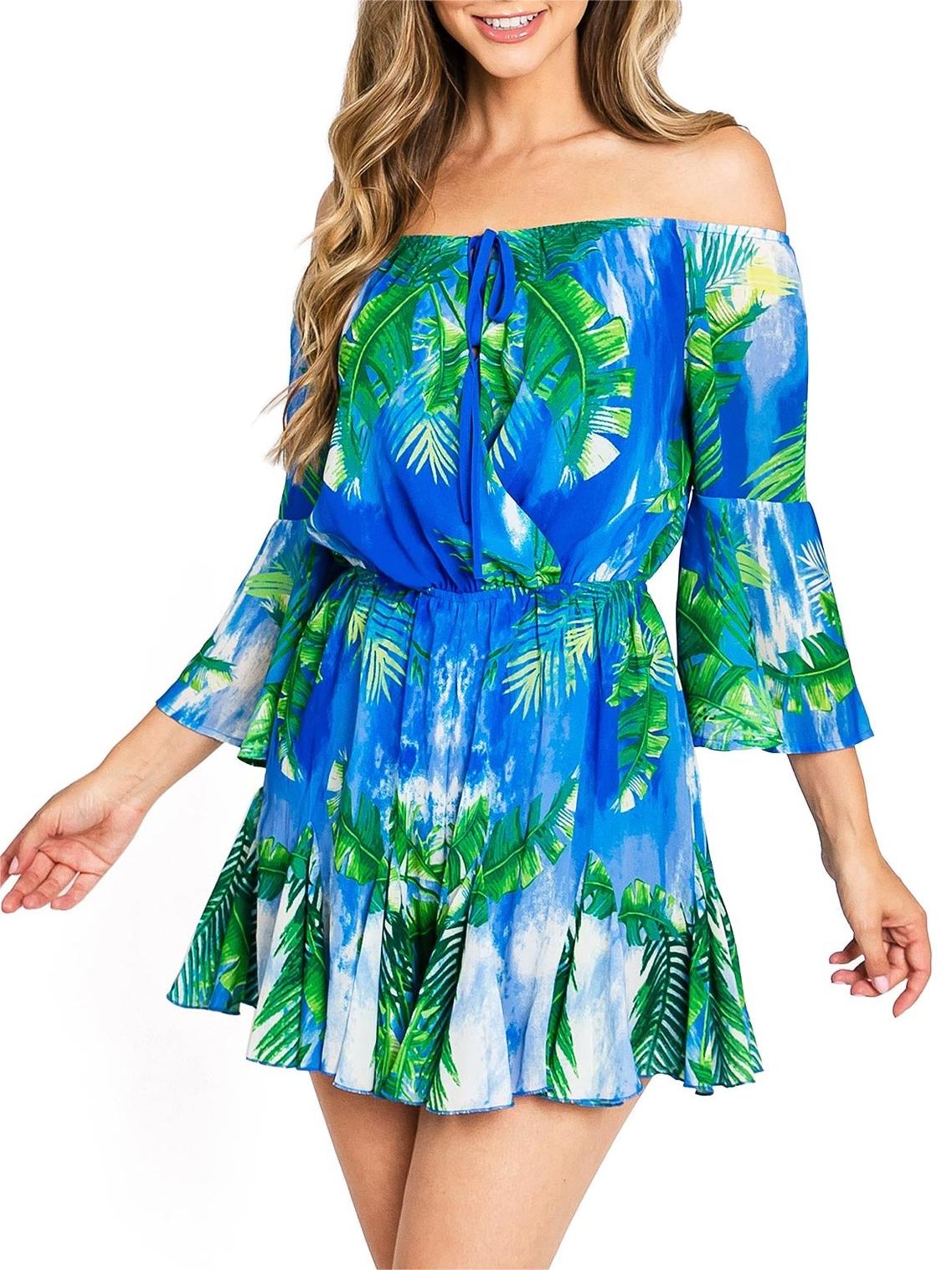 Blue Tropical Print Off - Shoulder Dress
