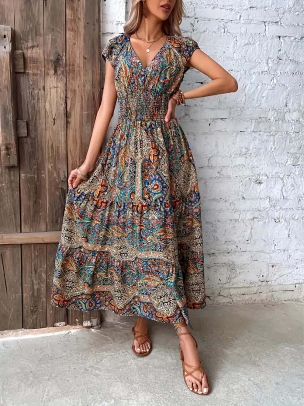 Lightweight Feel Printed V Neck Dress
