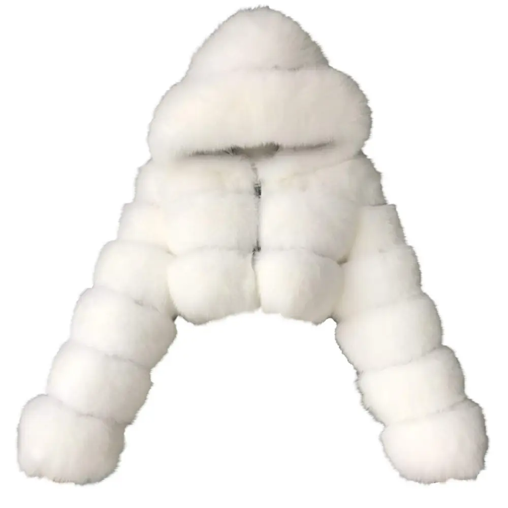 White  Faux Fur Coat Women with Hood Cropped Bubble Coats Fleece Short Warm Jackets Plus Size Winter Coats for Women