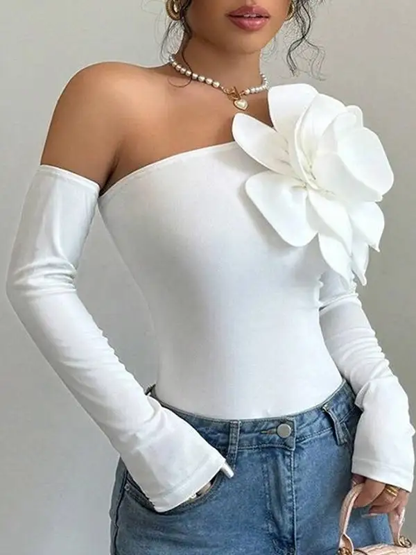 Long Sleeve Slim Fit Dimensional Floral One Shoulder T-Shirt