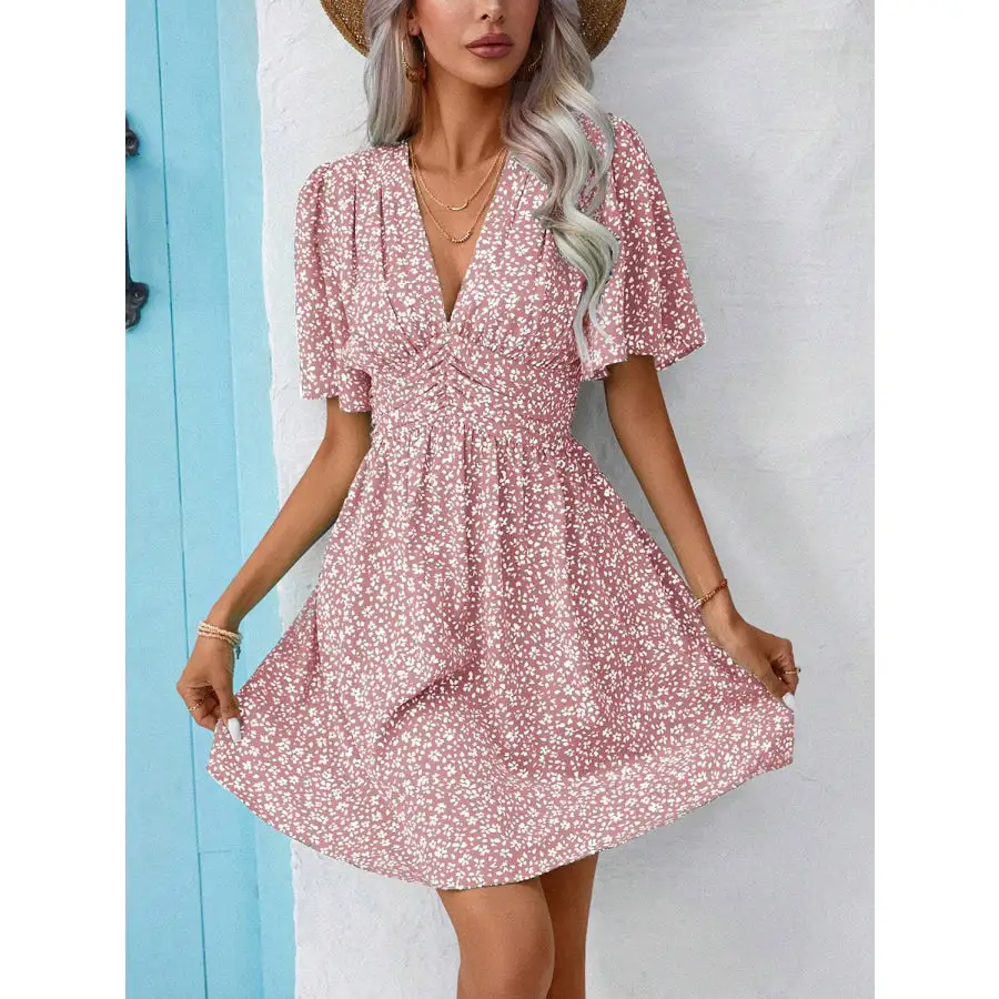 Printed V-neck Half Sleeve Mini Dress