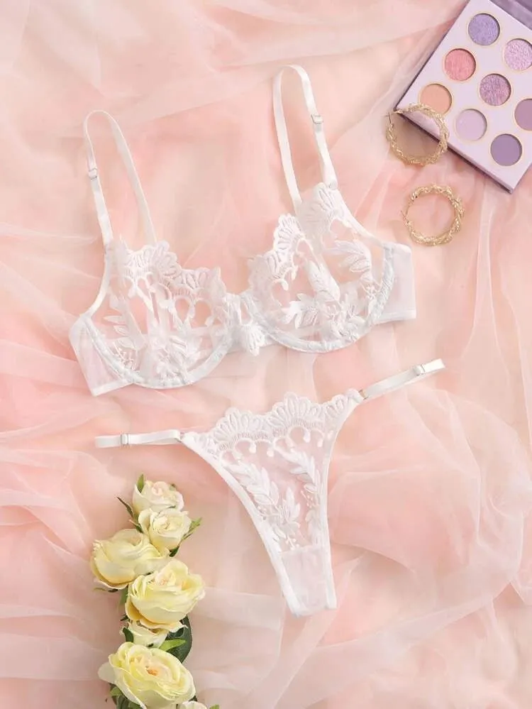 Refined Embroidered Mesh Lingerie Set
