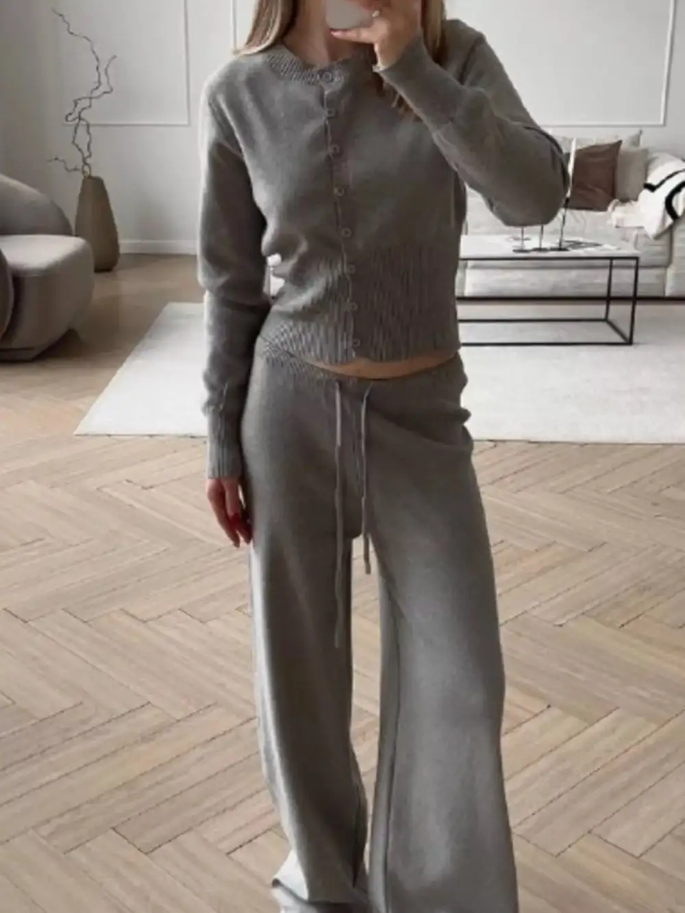 Button Up Cardigan and Pants Knit Set