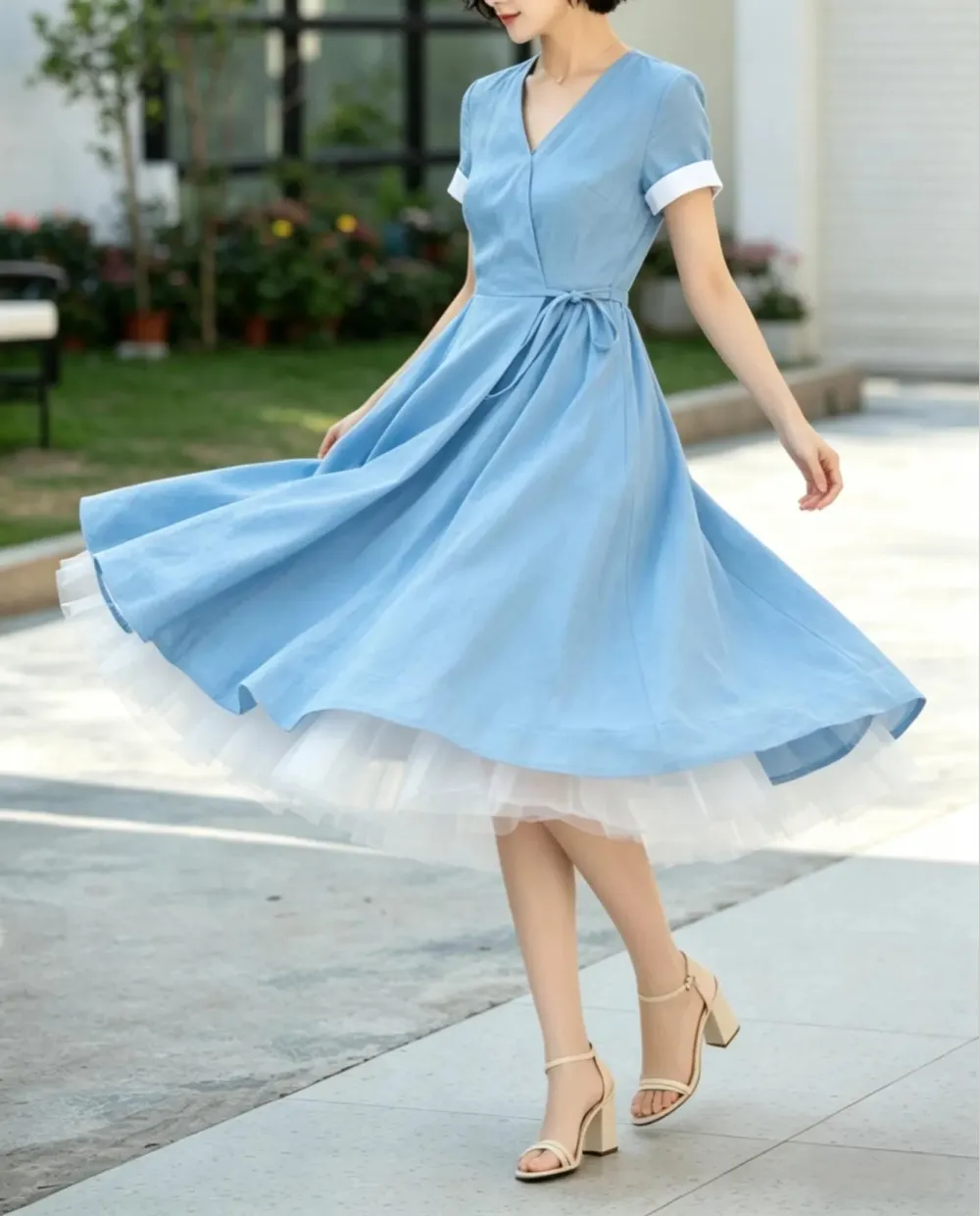 Linen A Line Swing V Neck Short Sleeve Midi Dress
