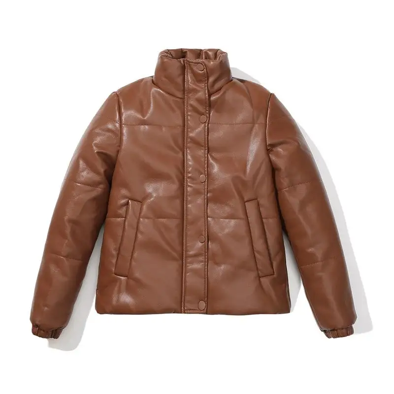 Relaxed Stand-Collar Zip-Front Faux-Leather Leather Casual Outerwear Jacket