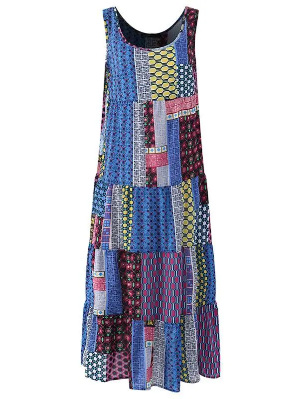 Casual Loose Sleeveless O-neck Vest Dress Irregular Print Sundress
