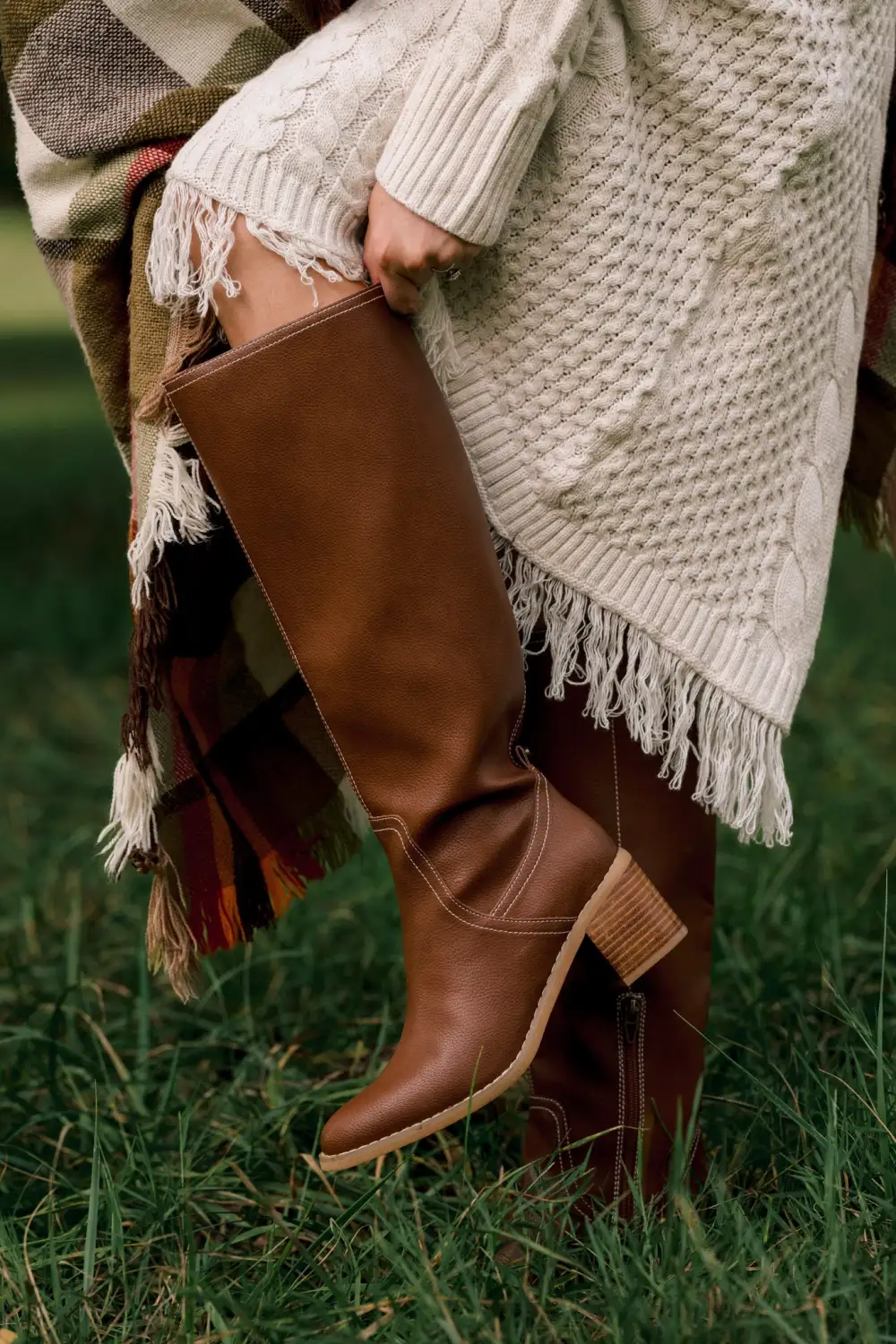Faux Leather Almond Toe Block Heel Textured Knee High Boots