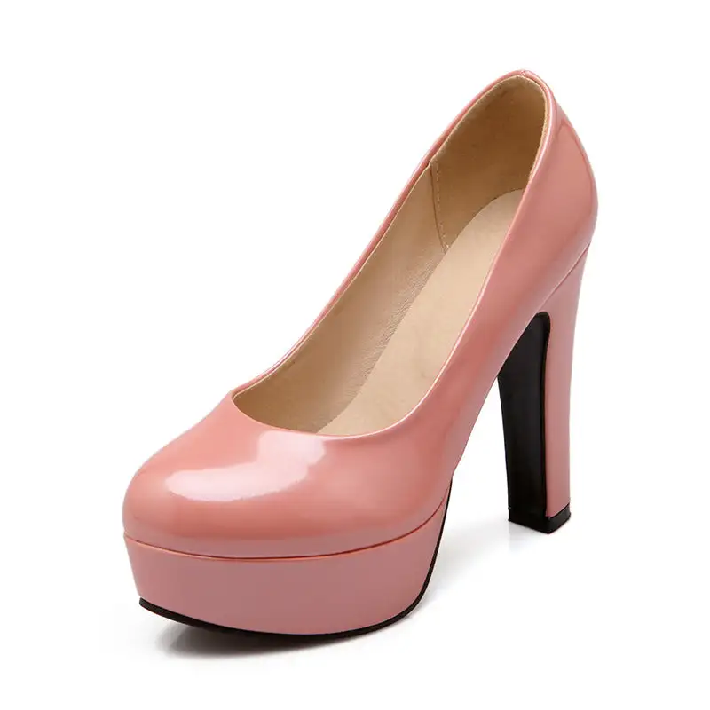 Polished Patent Finish Round Toe Platform Chunky Heel Pumps