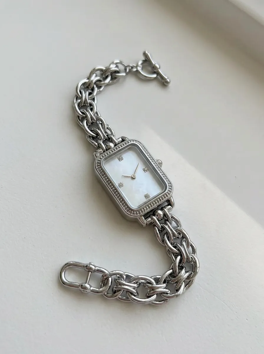 Silver-tone Rectangular Chain-link Watch