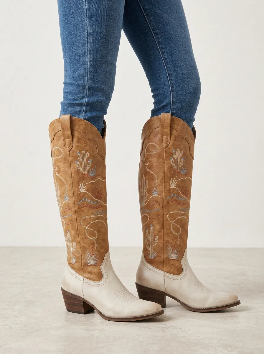 Women's Western Cactus Embroidered Pointed-Toe Block-Heel Denim Over-the-Knee Boots