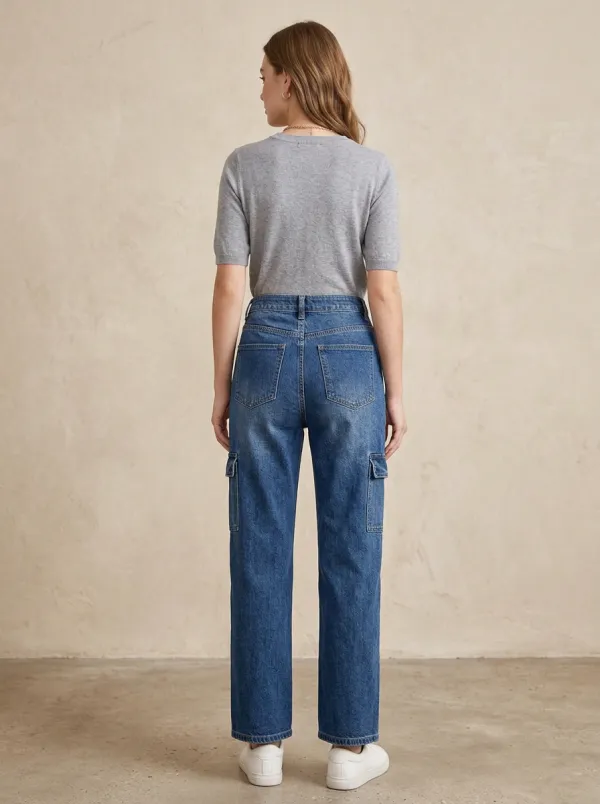 Women's Casual Fashion Daisy Embroidered High Waisted Cargo Jeans