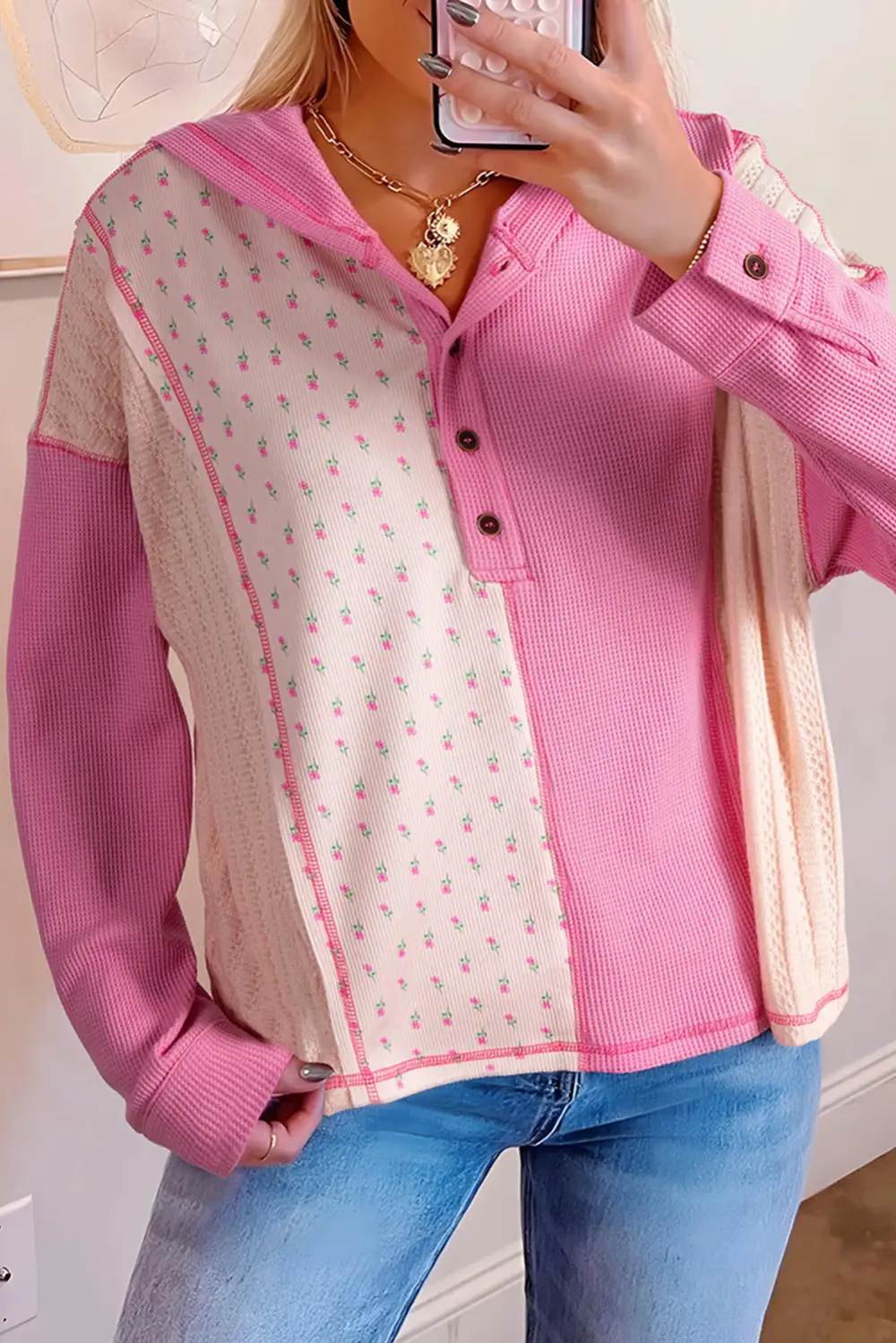 Relaxed Floral Patchwork Waffle Knit Hooded Sweatshirt