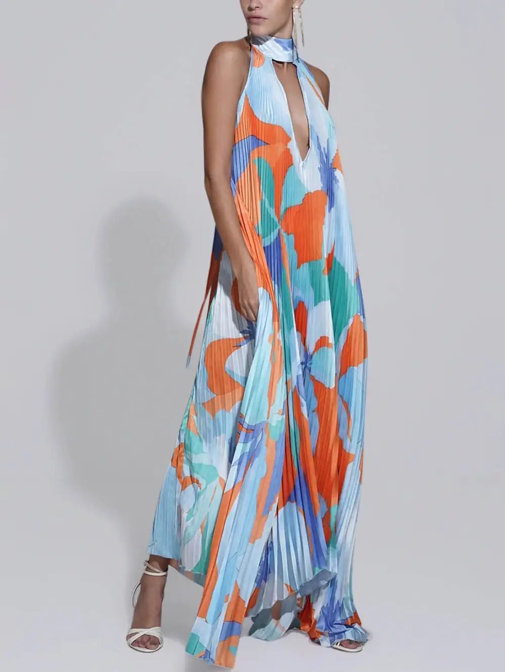 Stylish Pleated Halterneck Strappy Open Back Midi Dress