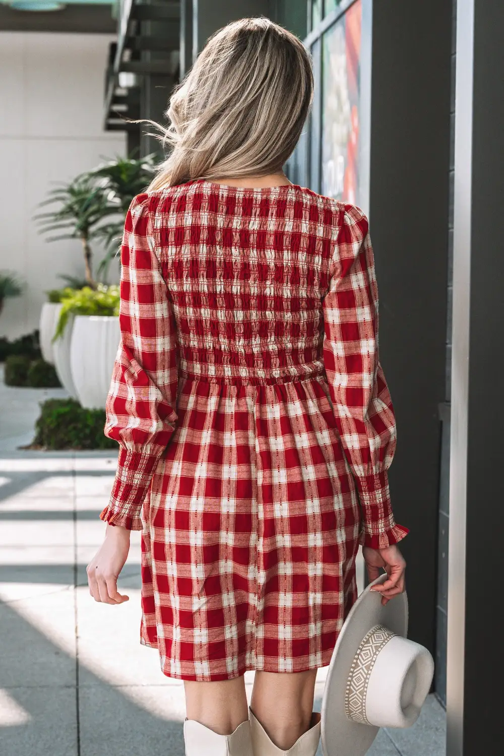 Lightweight Feel Plaid Printed Smocked Mini Dress