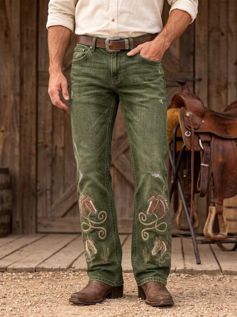 Men's Western Cowboy Horse Cactus Embroidered Printed Jeans