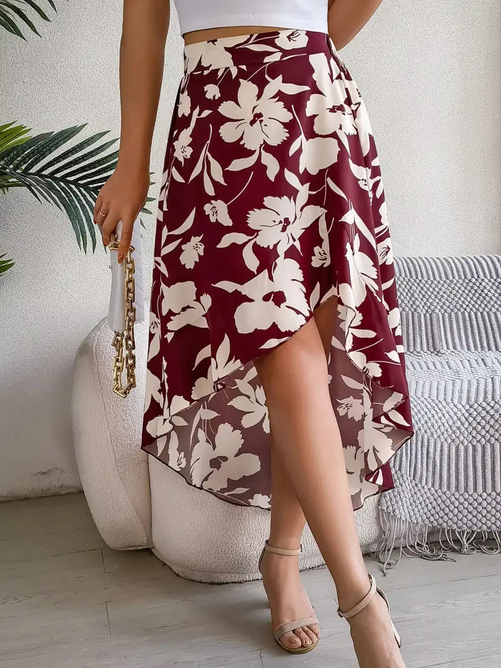 Print Ruffle Hem Asymmetrical Skirt