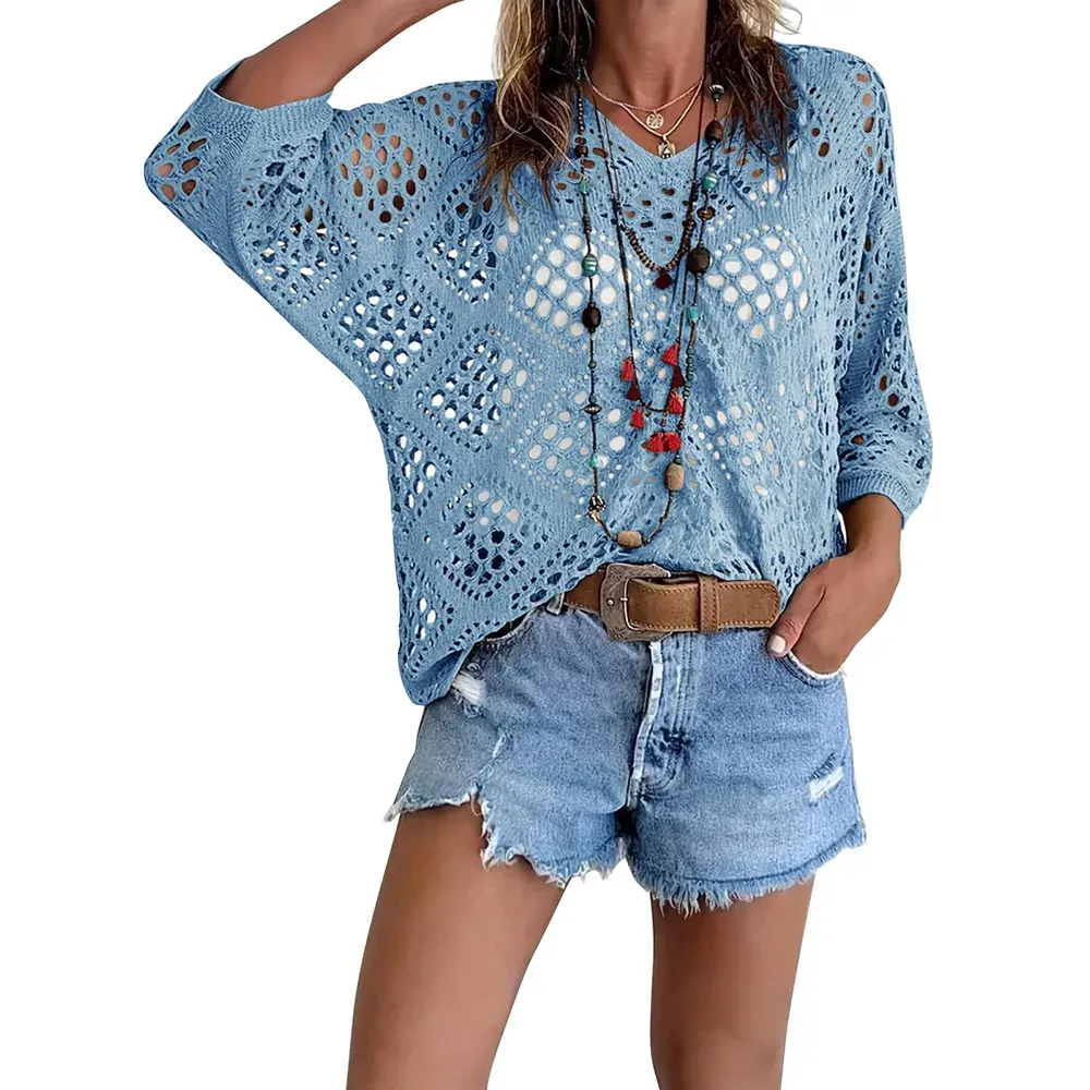 Women's Bohemian-Inspired Beige Crochet Top with V-Neck