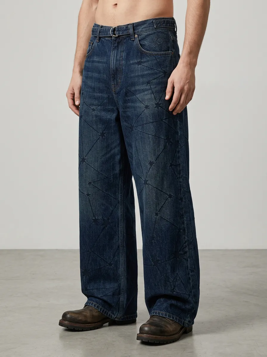 Men's Classic Celestial Star Wide Leg Jeans