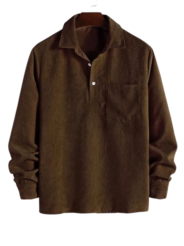 Men's Plain Pocket Half Button Corduroy Shirt, Casual Comfy Regular Fit Long Sleeve Collared Top For Fall & Winter, Men's Clothes For Daily Wear