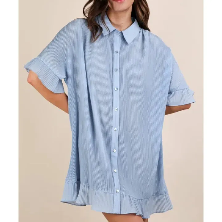 Pleated Detail Button Down Mini Dress