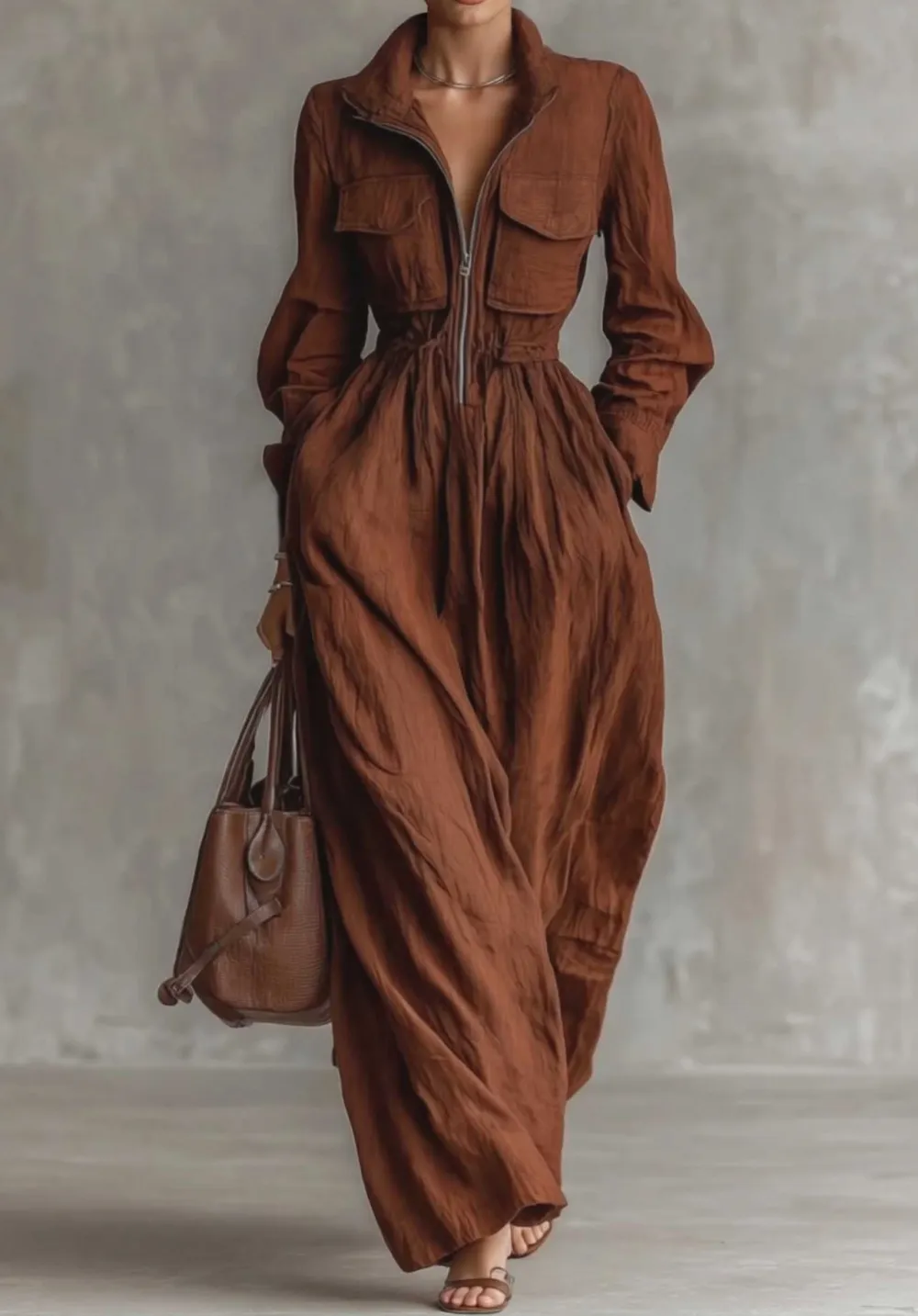Casual Zip Up Collar Maxi Dress