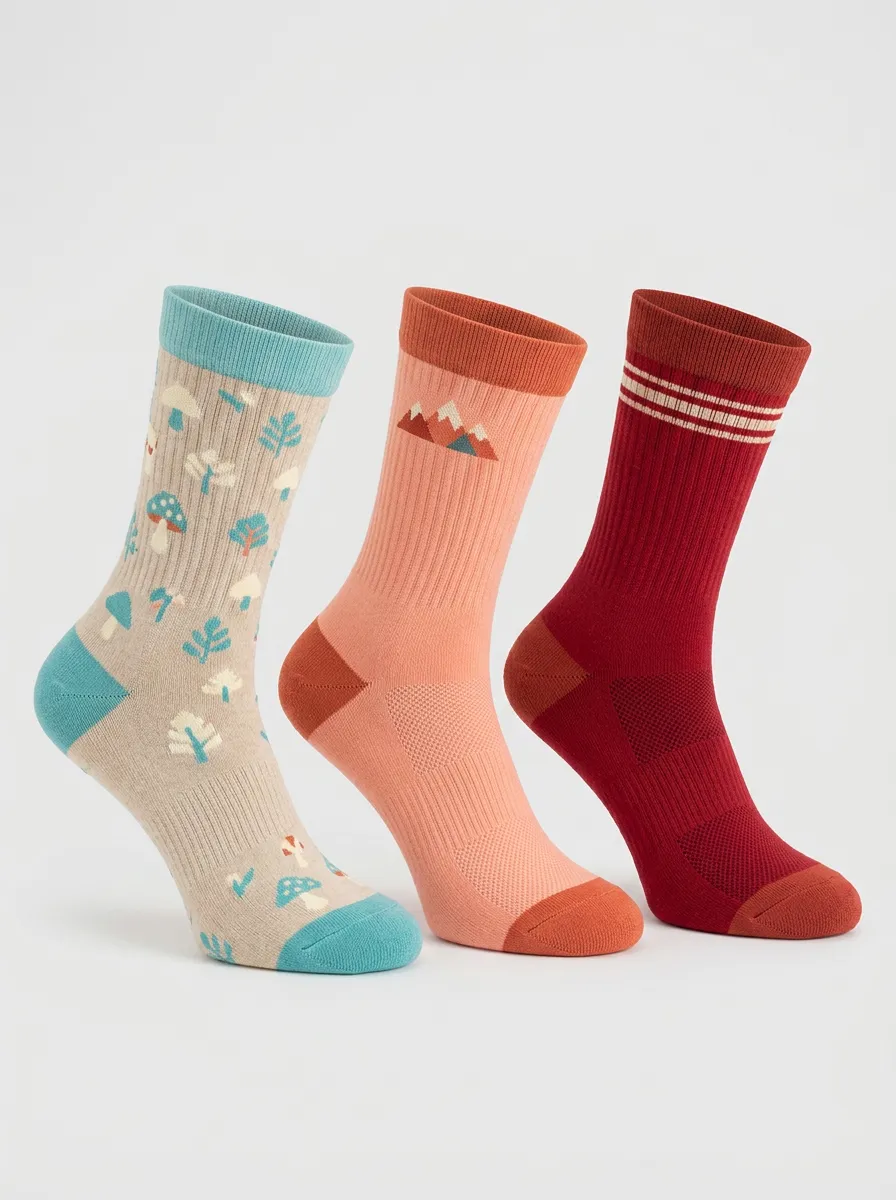 Unisex Mushroom Mountain Nature Three-Pair Embroidered Crew Socks