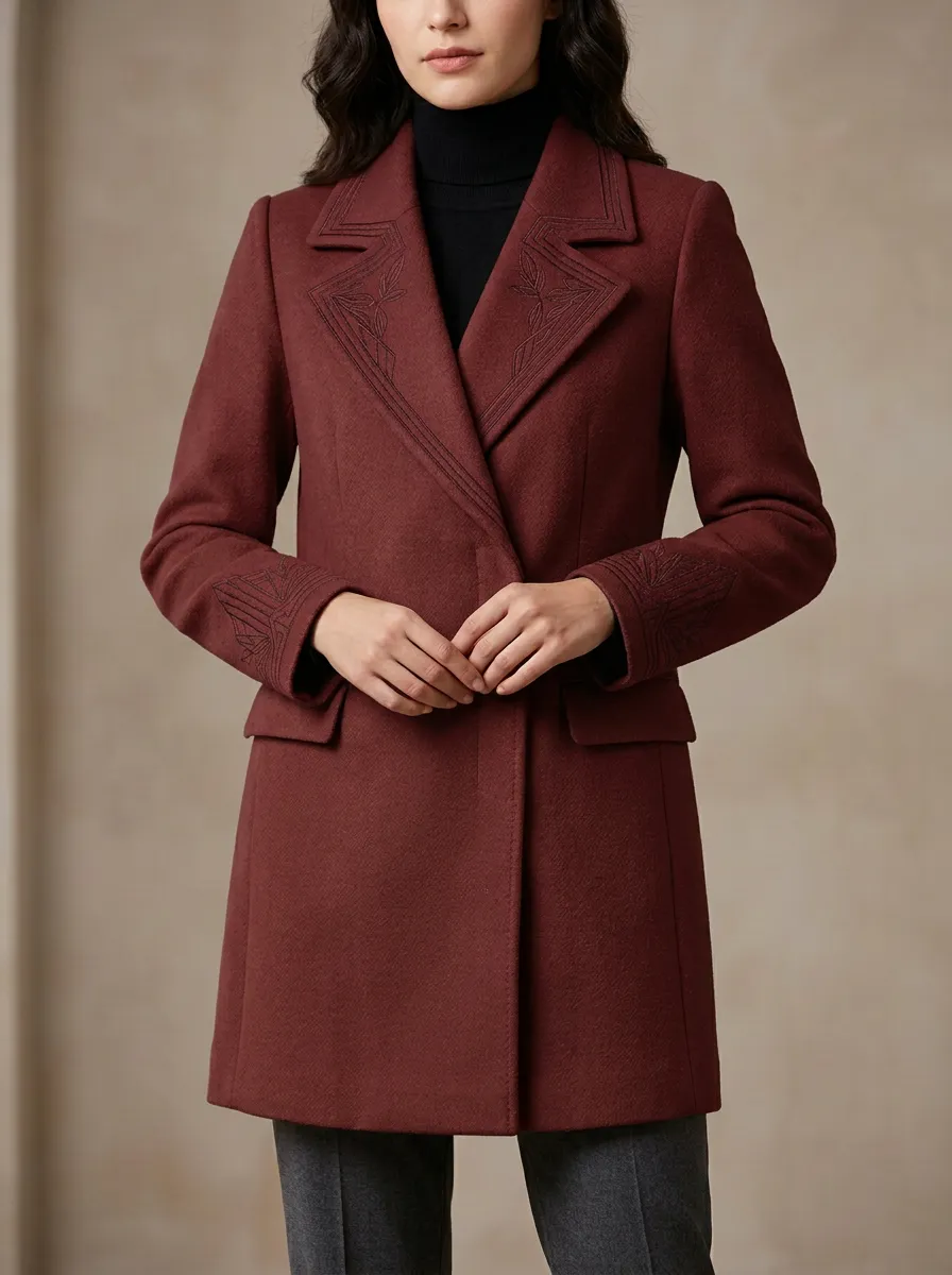 Women's Vintage Floral Embroidery Camel Wool Blend Coat