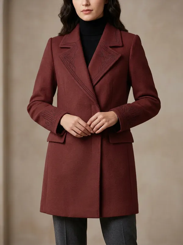 Women's Vintage Floral Embroidery Camel Wool Blend Coat