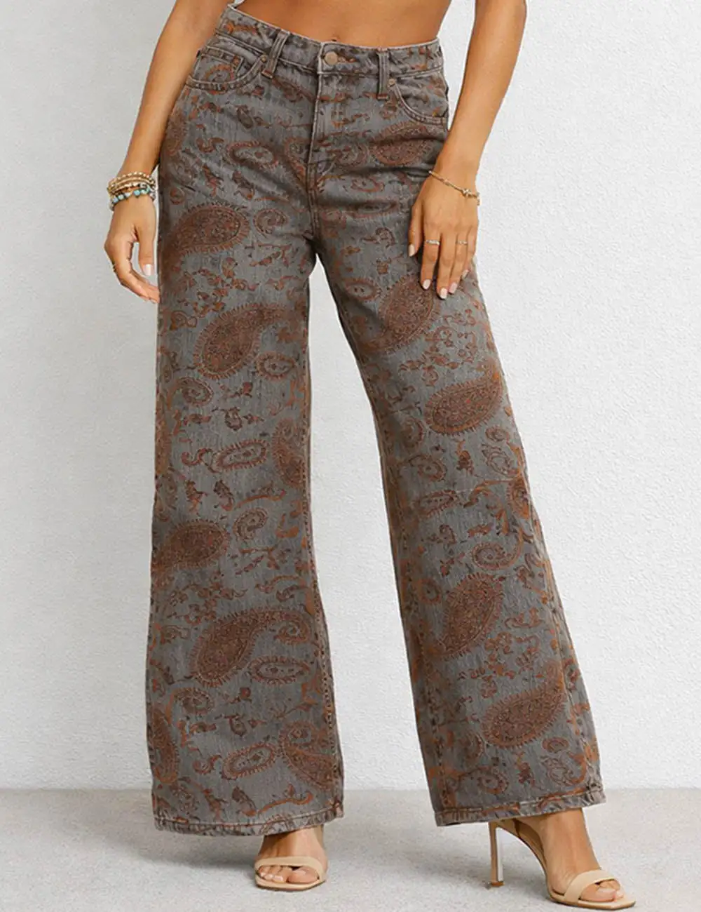 Flocked Paisley Jacquard Button Waist Wide Leg Denim Pants