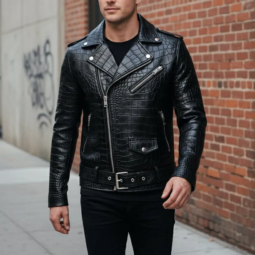 Refined Cowhide Biker Motorcycle Embossed Jacket