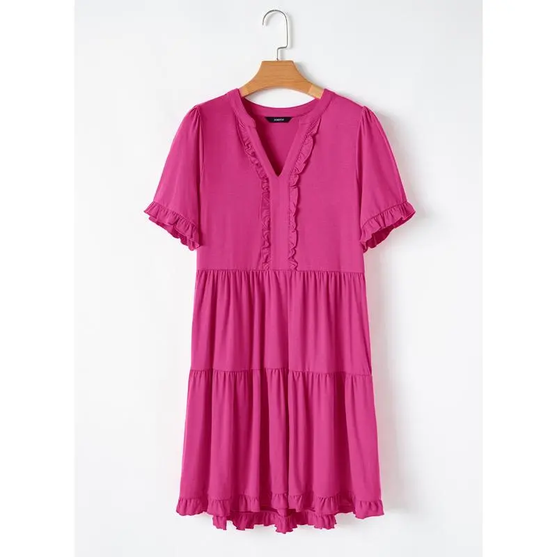 Womens Dresses 2025 Summer Spring V Neck Ruffle Short Sleeve Casual A-Line Flowy Swing Shift Dress Mini Dress