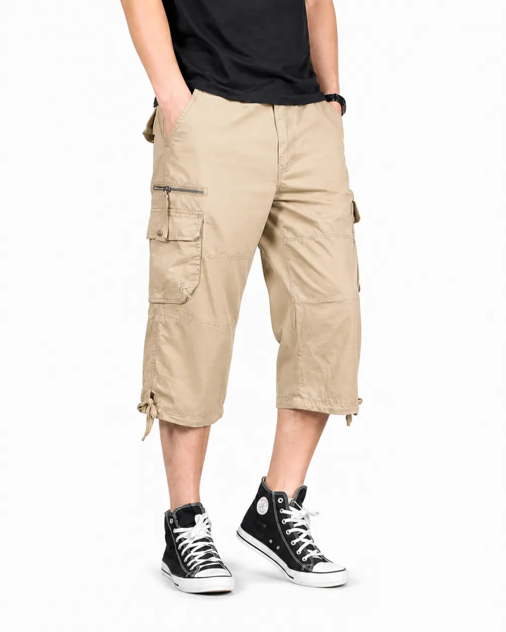 Men's Cropped Cargo Capri Pants with Utility Pockets and Drawstring Hem