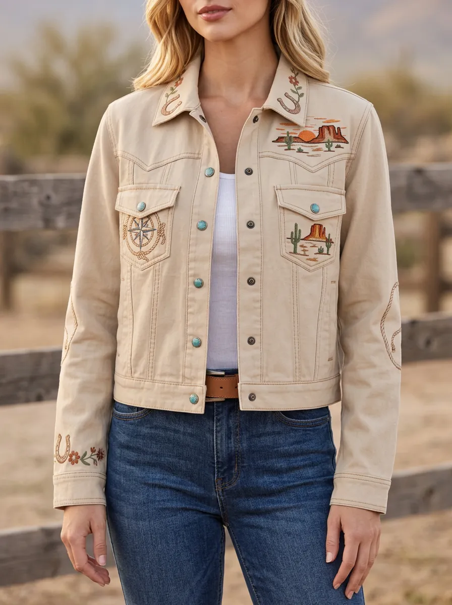 Women's Western Horseshoe Horse Cactus Desert Embroidered Jacket