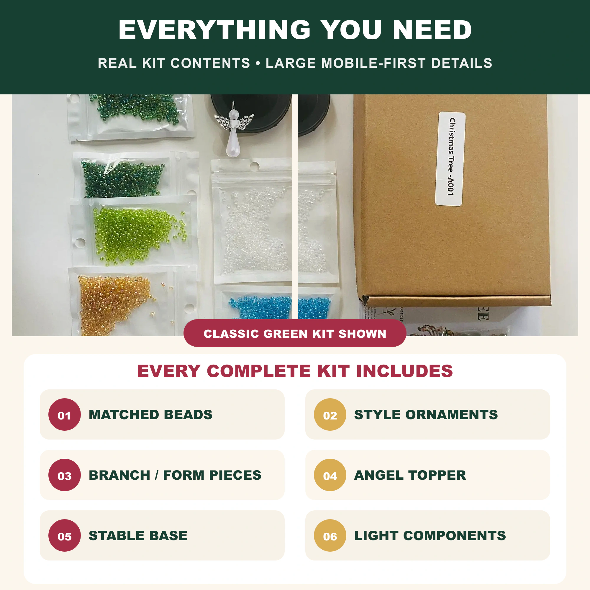 Real Classic Green kit contents showing beads ornaments branches angel topper stable base and assembly pieces