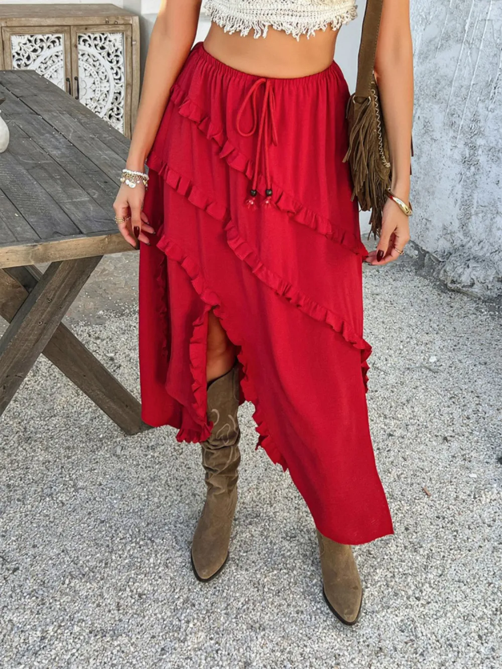 Ruffle Trim Drawstring Skirt